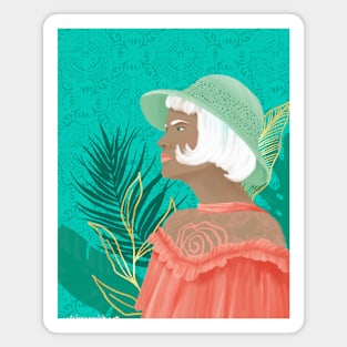 White Haired Woman with Tropical Foliage Magnet